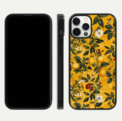 Golden Lemon Field Glass Case for iPhone 12 Pro front and back view layout highlighting fruity tones and curved glass edges