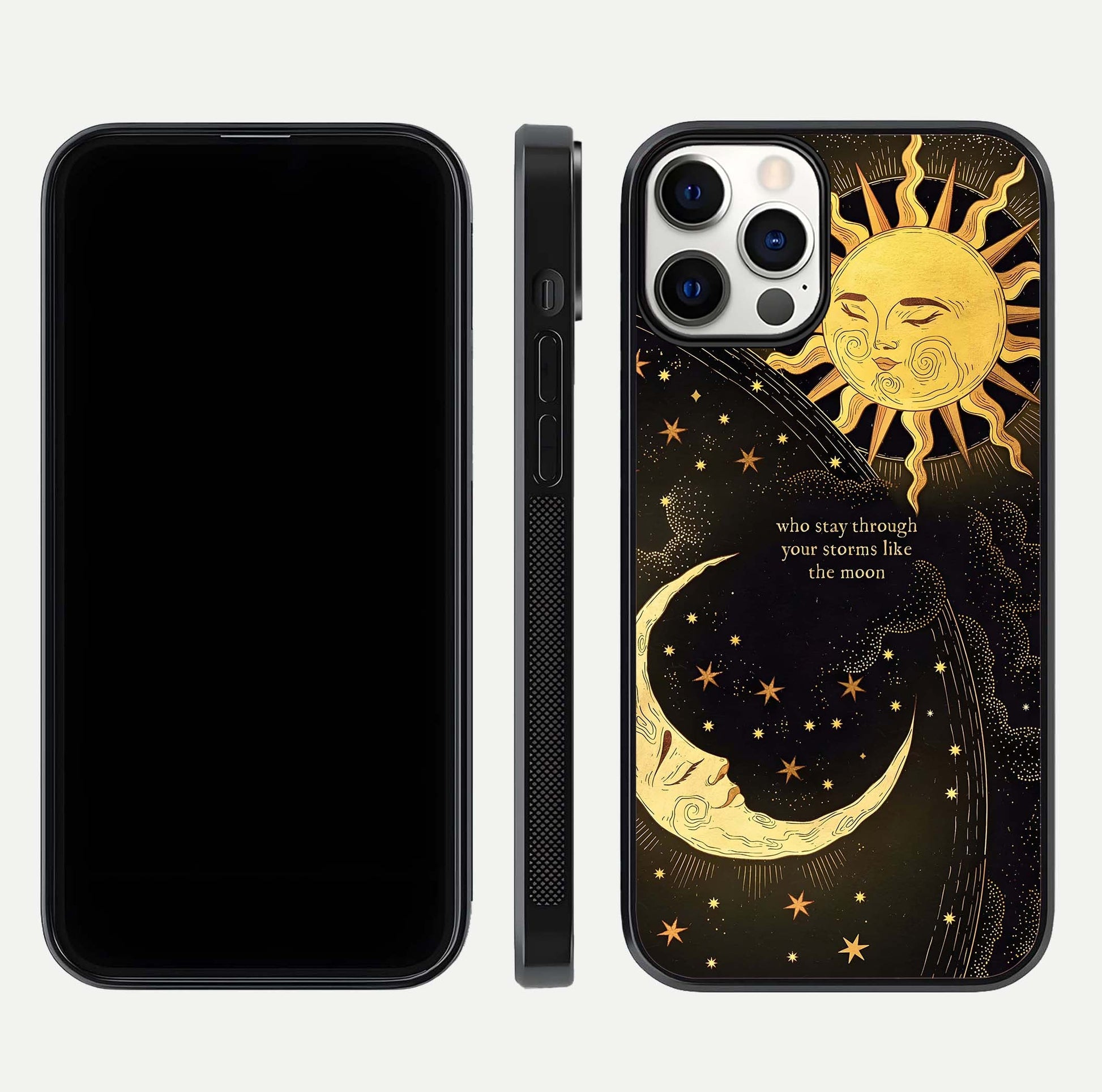 Golden Lunar Love Glass Case for iPhone 12 Pro front and back view layout highlighting celestial tones and curved edges