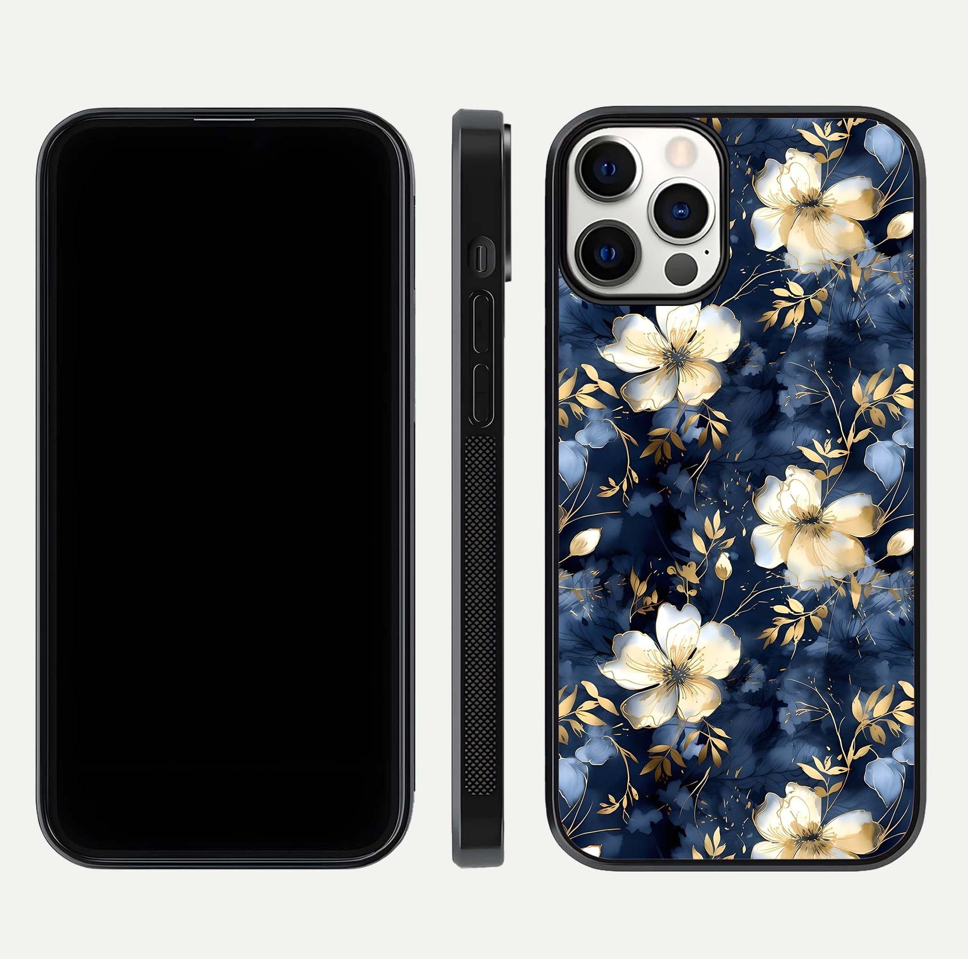 Golden Midnight Bloom Glass Case for iPhone 12 Pro front and back view layout highlighting dark-gold tones and smooth curves