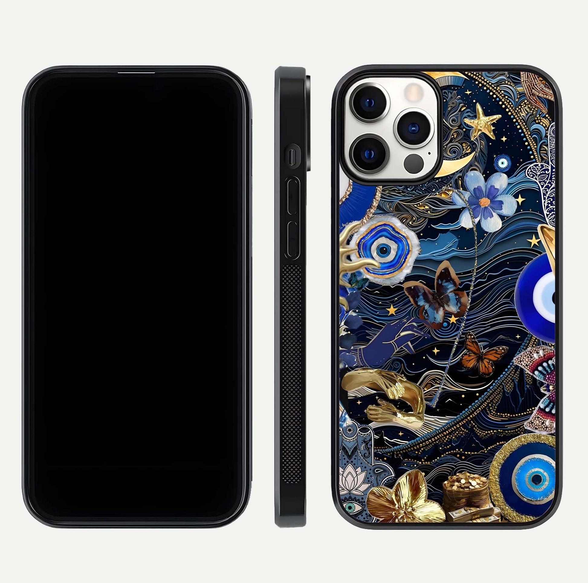 Golden Moon Magic Glass Case for iPhone 12 Pro front and back view layout highlighting celestial tones and curved glass