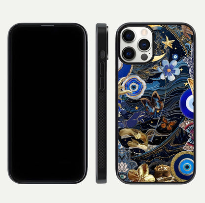 Golden Moon Magic Glass Case for iPhone 12 Pro front and back view layout highlighting celestial tones and curved glass
