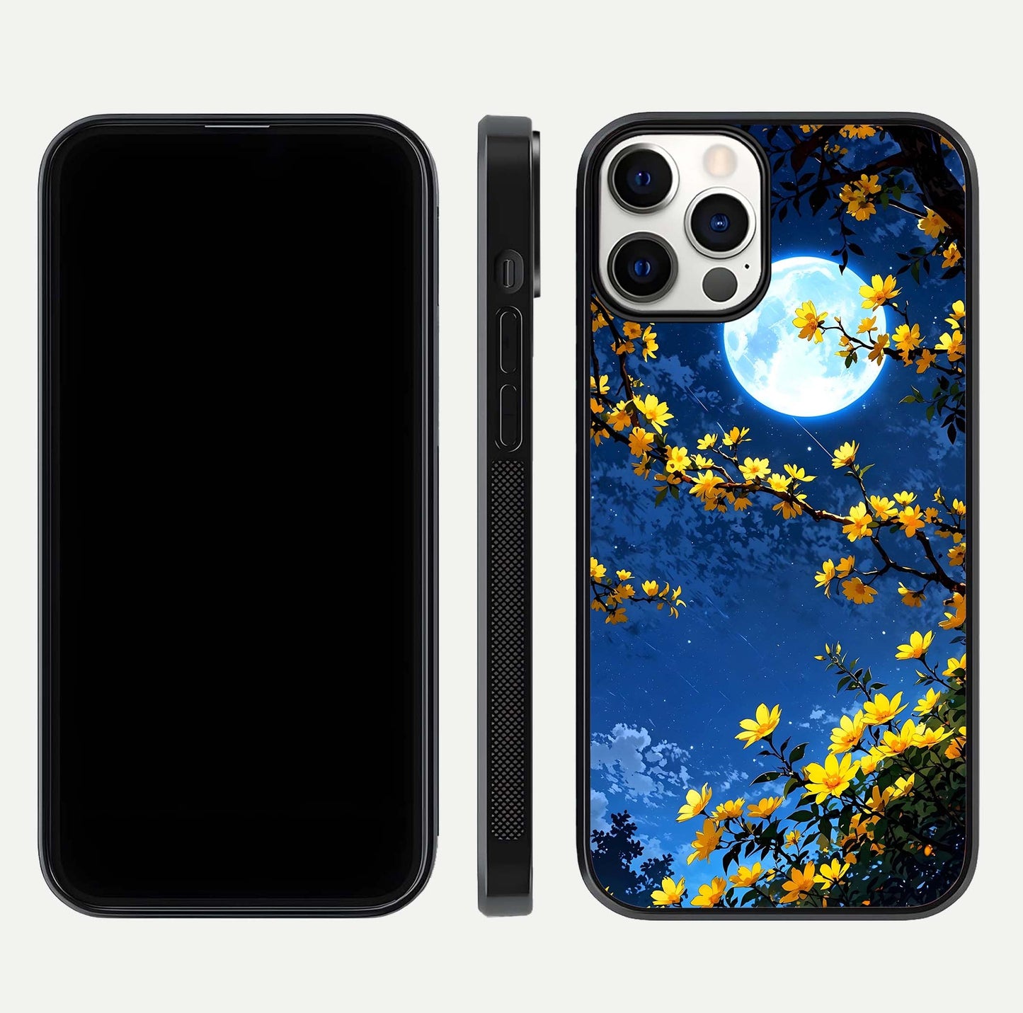 Golden Night Glow Glass Case for iPhone 12 Pro front and back view layout displaying metallic glow and curved glass edge