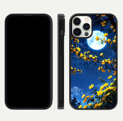 Golden Night Glow Glass Case for iPhone 12 Pro front and back view layout displaying metallic glow and curved glass edge