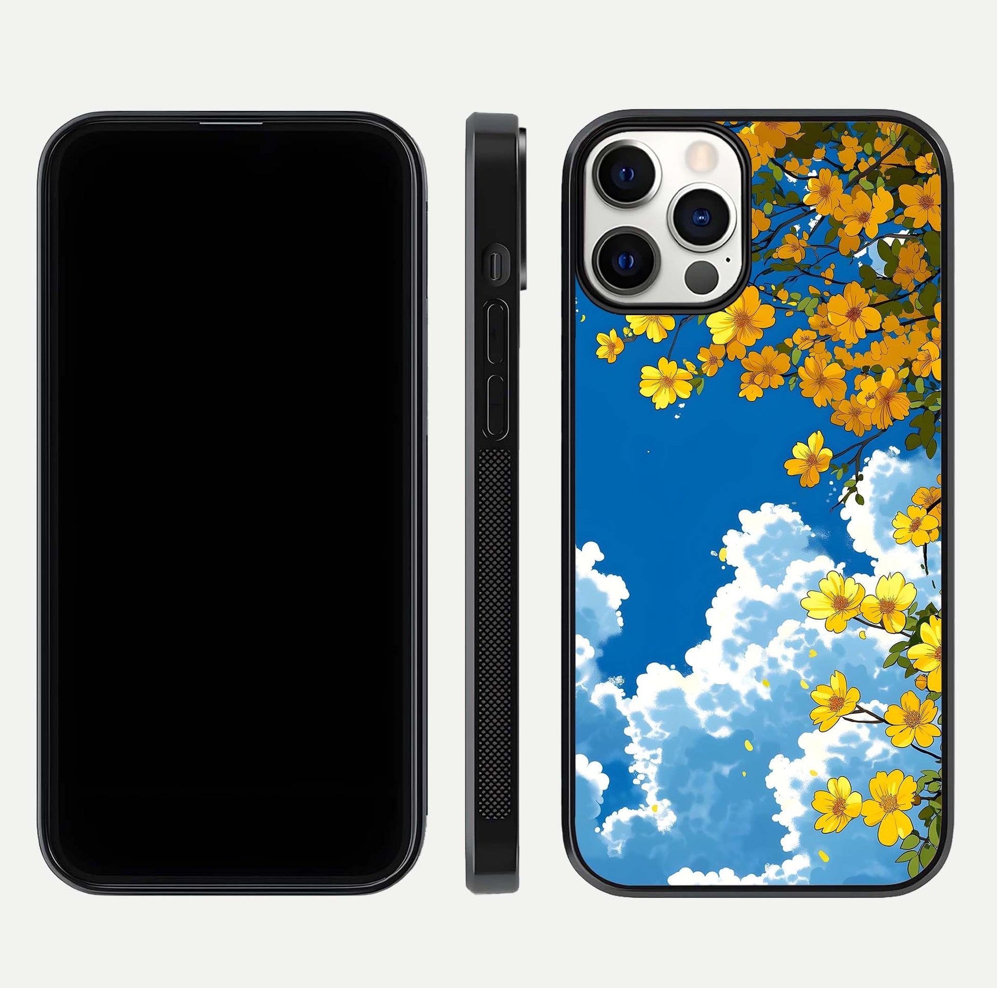 Golden Petal Sky Glass Case for iPhone 12 Pro front and back view layout highlighting floral pattern and curved glass edges