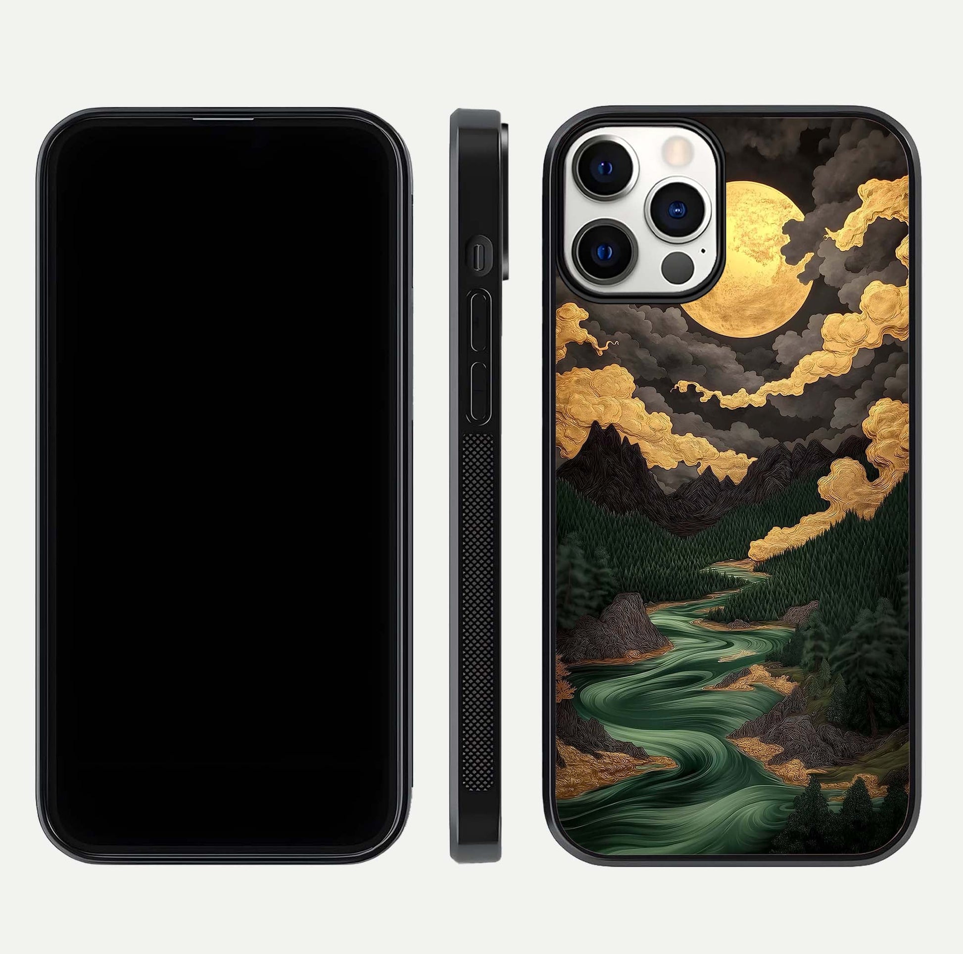 Golden River Moon Glass Case for iPhone 12 Pro front and back view layout displaying celestial glow and smooth curves