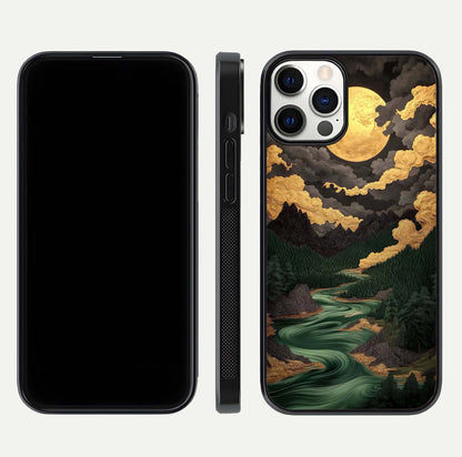 Golden River Moon Glass Case for iPhone 12 Pro front and back view layout displaying celestial glow and smooth curves