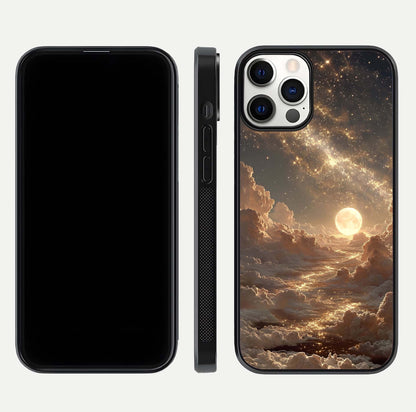 Golden Sky Dream Glass Case for iPhone 12 Pro front and back view layout highlighting celestial gold hues and curved glass