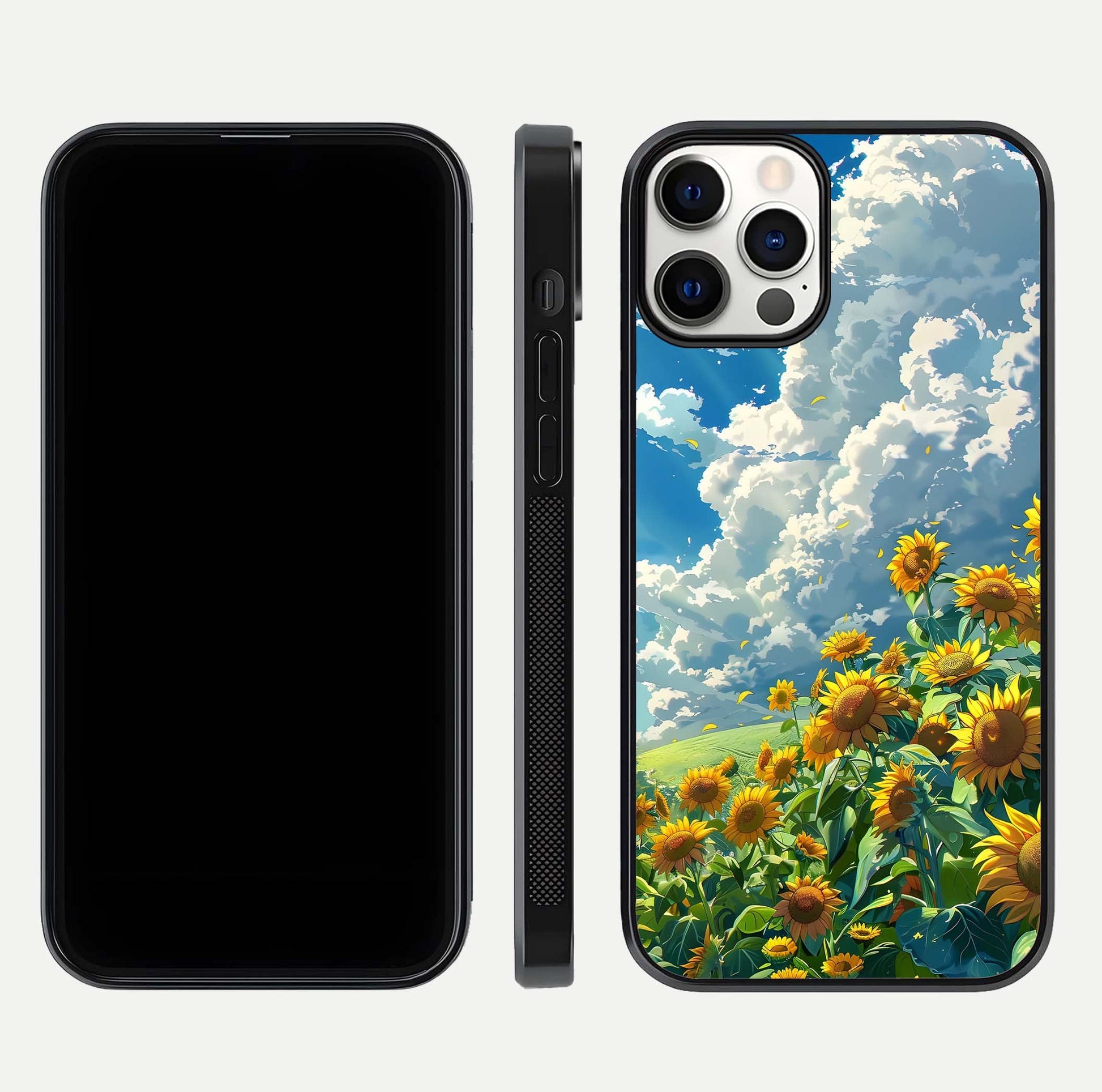 Golden Sun Glory Glass Case for iPhone 12 Pro front and back view layout displaying bright golden tones and curved edges
