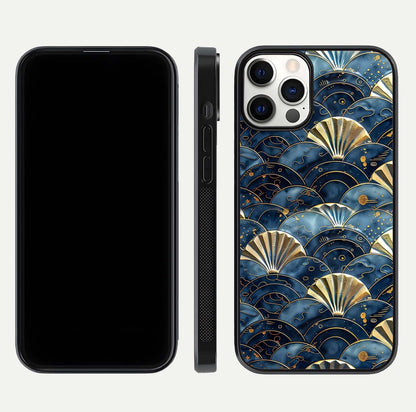 Golden Wave Luxe Glass Case for iPhone 12 Pro front and back view layout highlighting fluid gold design and curved glass