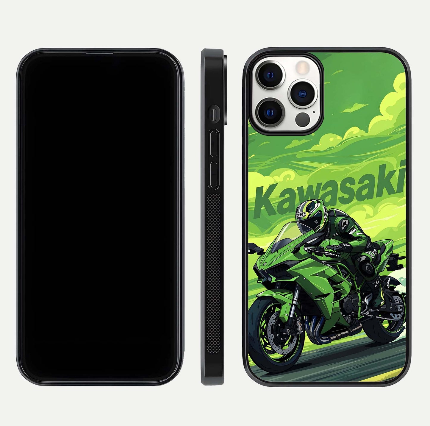 Green Kawasaki Glass Case for iPhone 12 Pro front and back view layout highlighting vivid green tones and curved glass edges