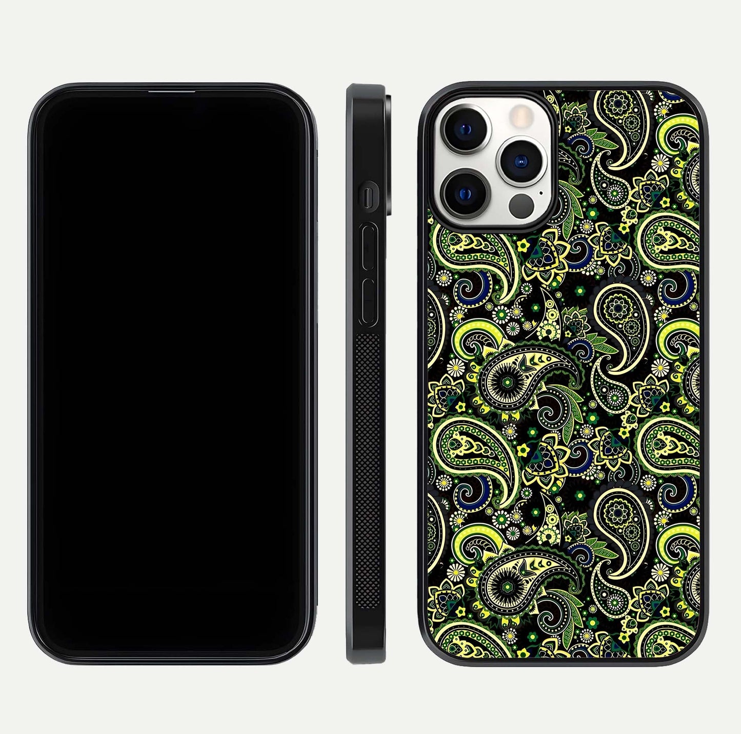 Green Mandala Pattern Glass Case for iPhone 12 Pro front and back view layout highlighting geometric art and curved glass