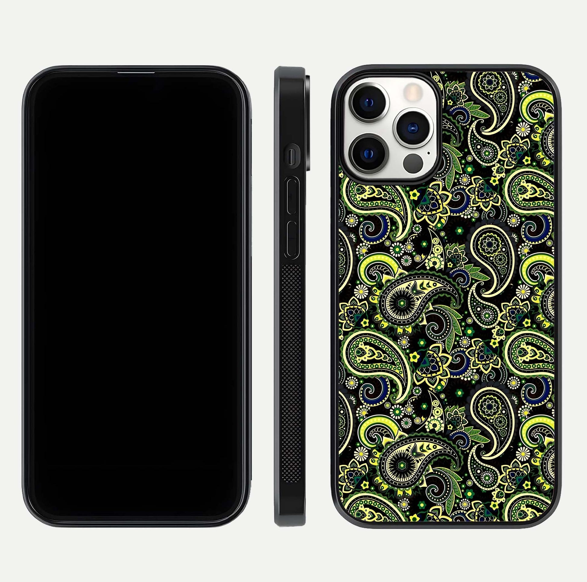 Green Mandala Pattern Glass Case for iPhone 12 Pro front and back view layout highlighting geometric art and curved glass