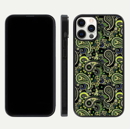 Green Mandala Pattern Glass Case for iPhone 12 Pro front and back view layout highlighting geometric art and curved glass