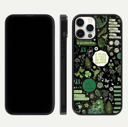 Green Moon Energy Glass Case for iPhone 12 Pro front and back view layout highlighting cosmic tones and smooth edges