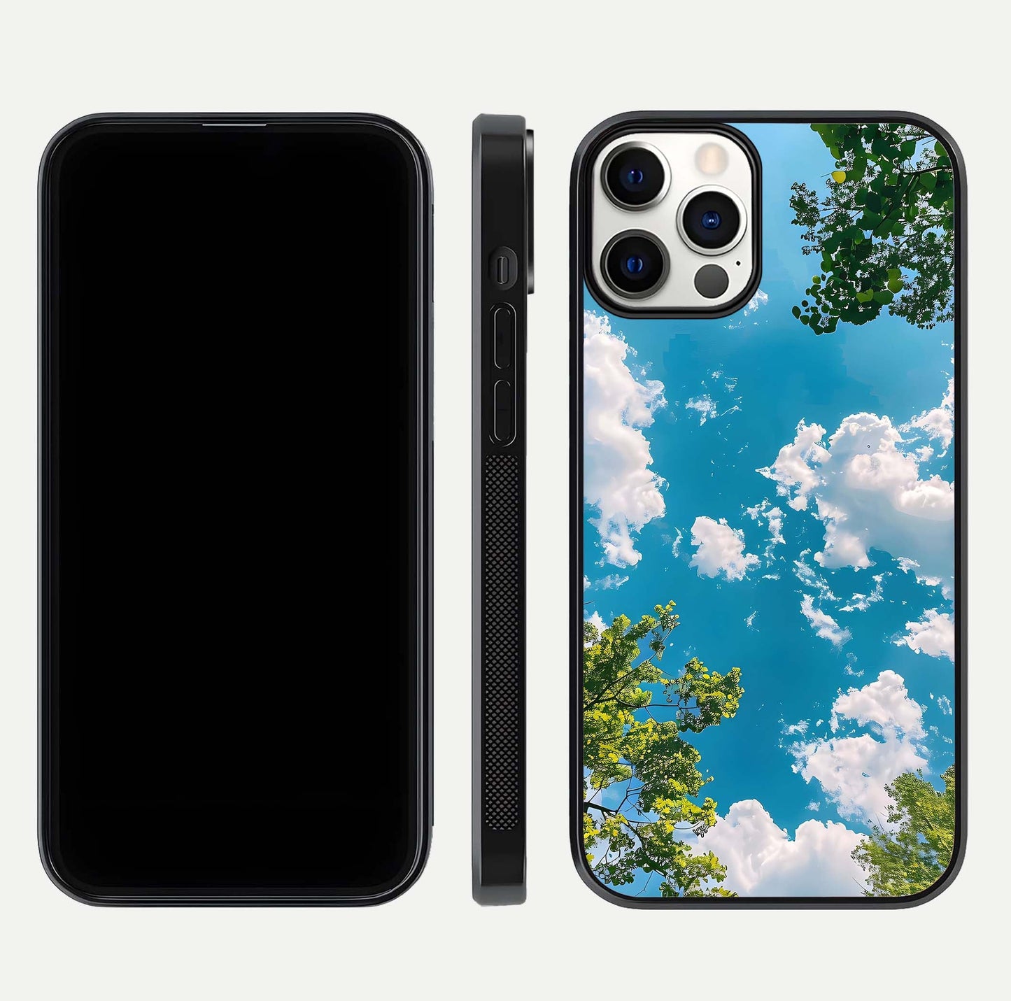Greenery Sky Glass Case for iPhone 12 Pro front and back view layout displaying scenic green-blue gradient and curved edges