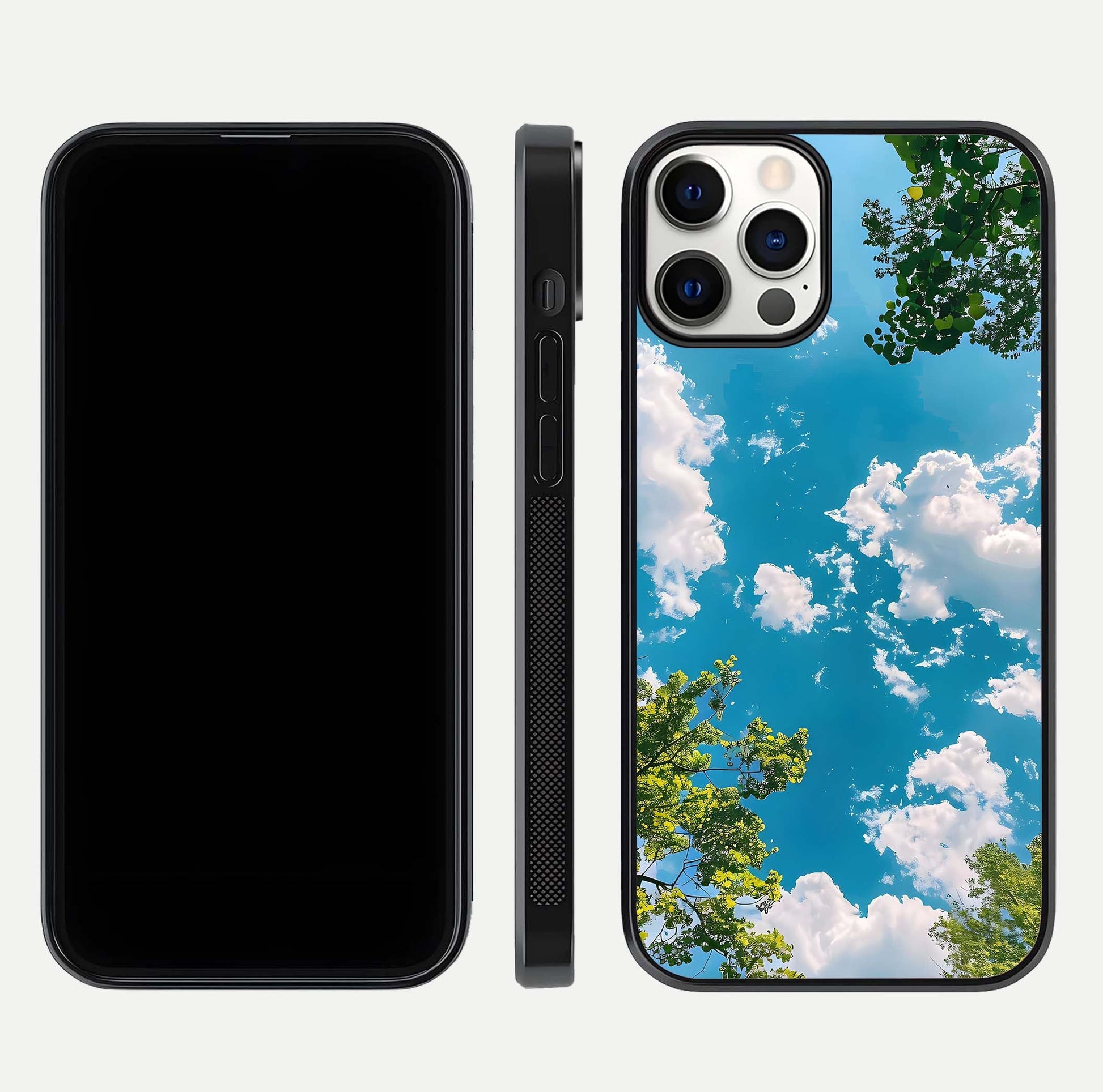 Greenery Sky Glass Case for iPhone 12 Pro front and back view layout displaying scenic green-blue gradient and curved edges