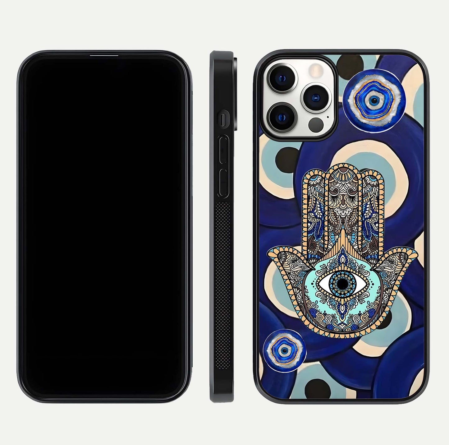 Hamsa Divine Guard Glass Case for iPhone 12 Pro front and back view layout highlighting spiritual artwork and smooth edges