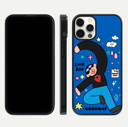 Happy Luck Vibe Glass Case for iPhone 12 Pro front and back view layout highlighting positive motif and curved edges
