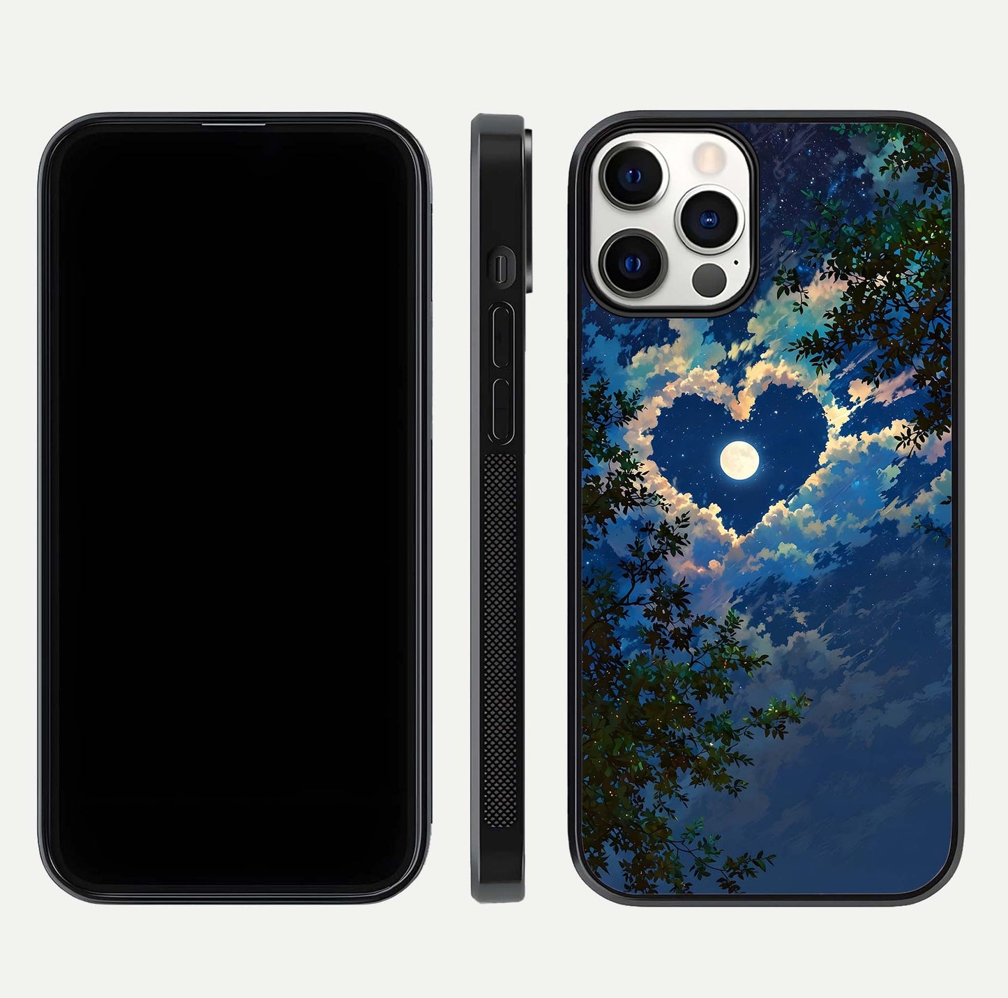Heart with Moon Sky Glass Case for iPhone 12 Pro front and back view layout displaying celestial tones and curved glass