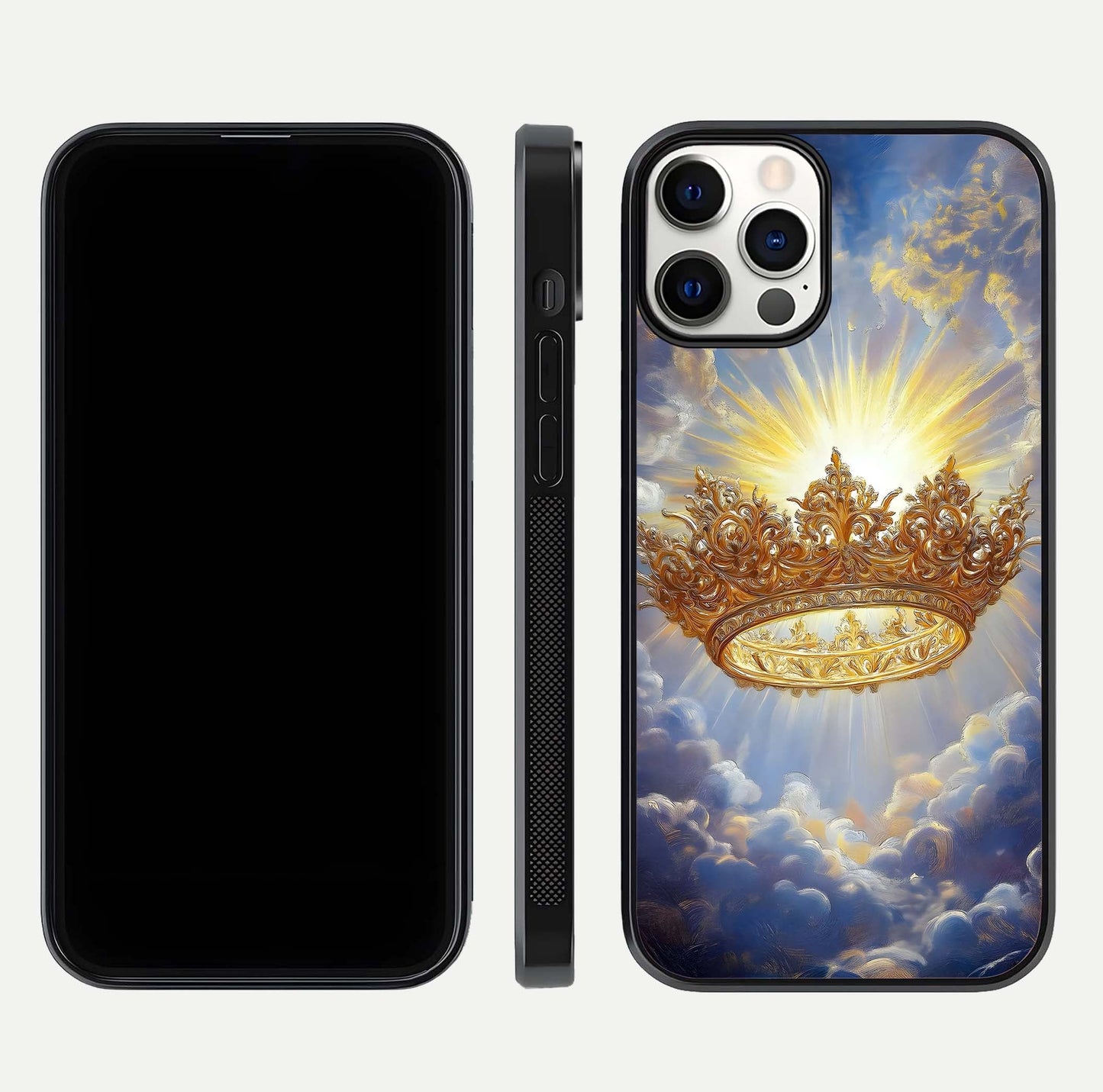 Heavenly Crown Light Glass Case for iPhone 12 Pro front and back view layout highlighting golden aura tones and curved glass edges
