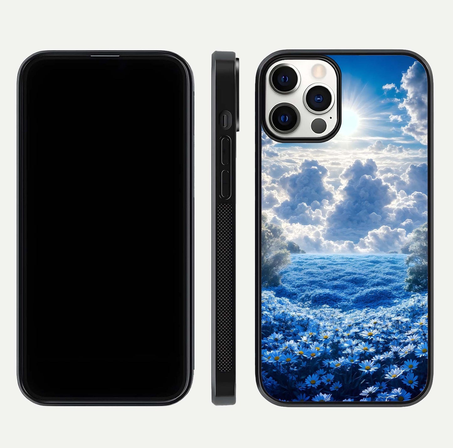Heavenly Daisy Horizon Glass Case for iPhone 12 Pro front and back view layout highlighting floral field tones and curved edges
