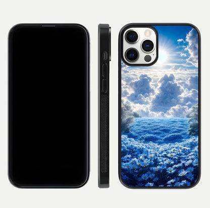 Heavenly Daisy Horizon Glass Case for iPhone 12 Pro front and back view layout highlighting floral field tones and curved edges