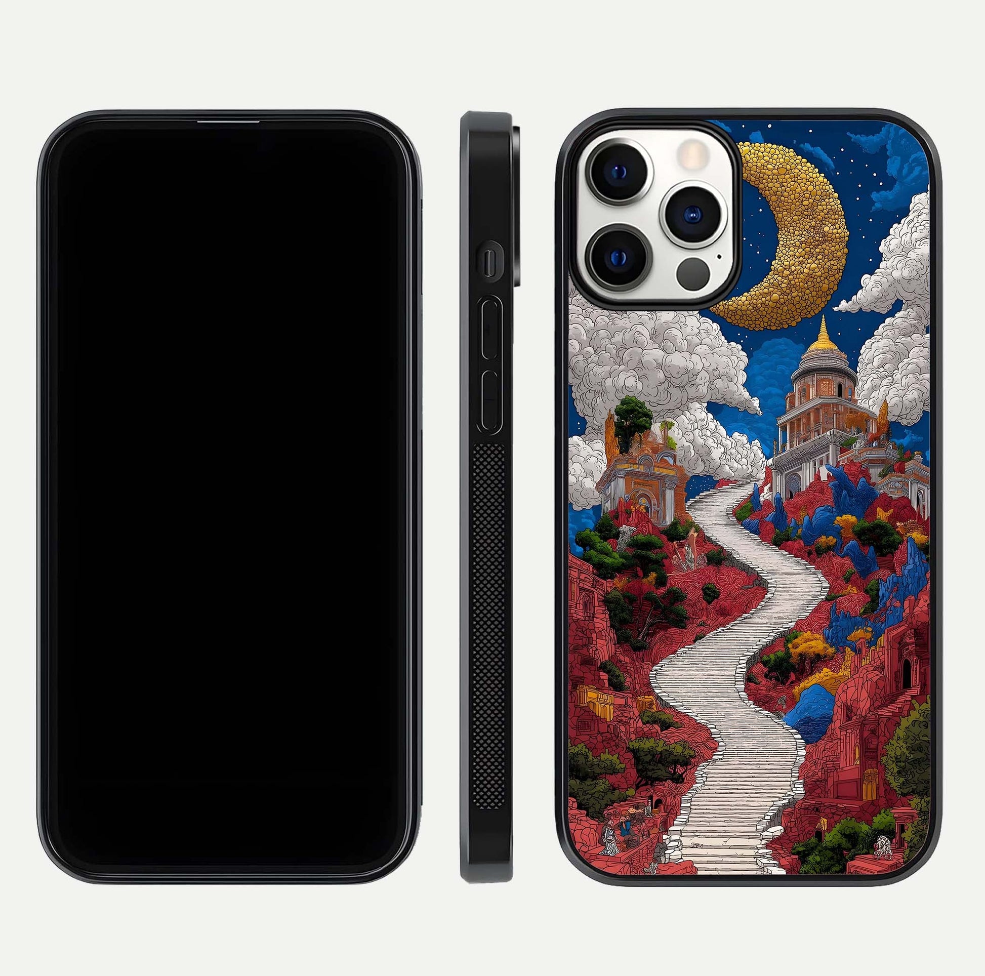 Heavenly Moon Path Glass Case for iPhone 12 Pro front and back view layout displaying night sky tones and curved glass edges