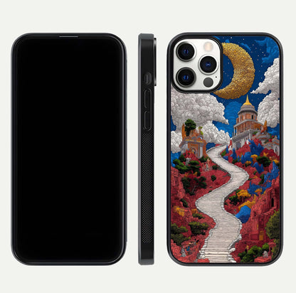 Heavenly Moon Path Glass Case for iPhone 12 Pro front and back view layout displaying night sky tones and curved glass edges