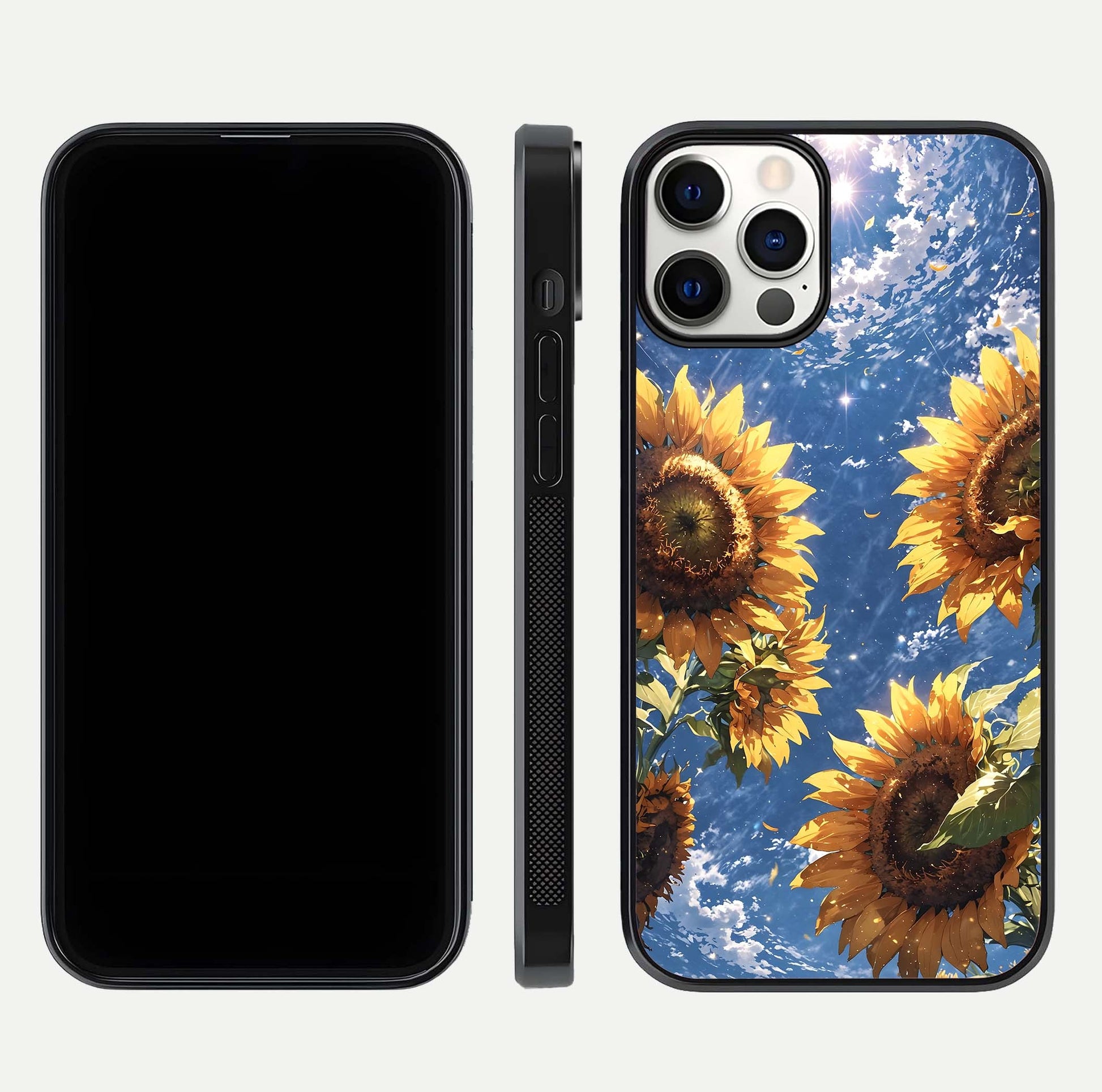 Heavenly Sunflower Rise Glass Case for iPhone 12 Pro front and back view layout highlighting golden floral tones and curved edges