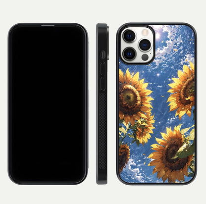 Heavenly Sunflower Rise Glass Case for iPhone 12 Pro front and back view layout highlighting golden floral tones and curved edges
