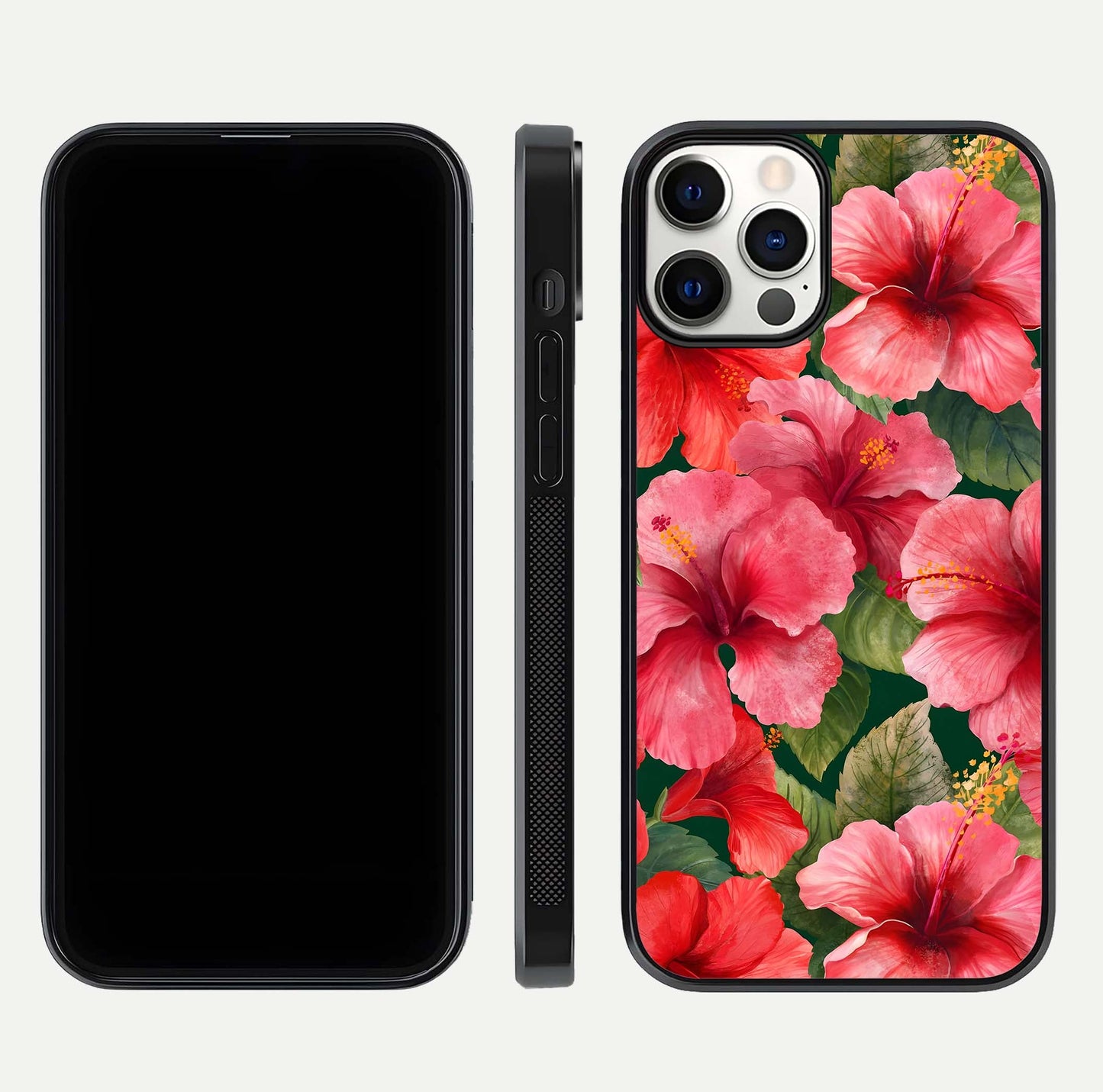 Hibiscus Pattern Glass Case for iPhone 12 Pro front and back view layout highlighting tropical design and curved glass edges