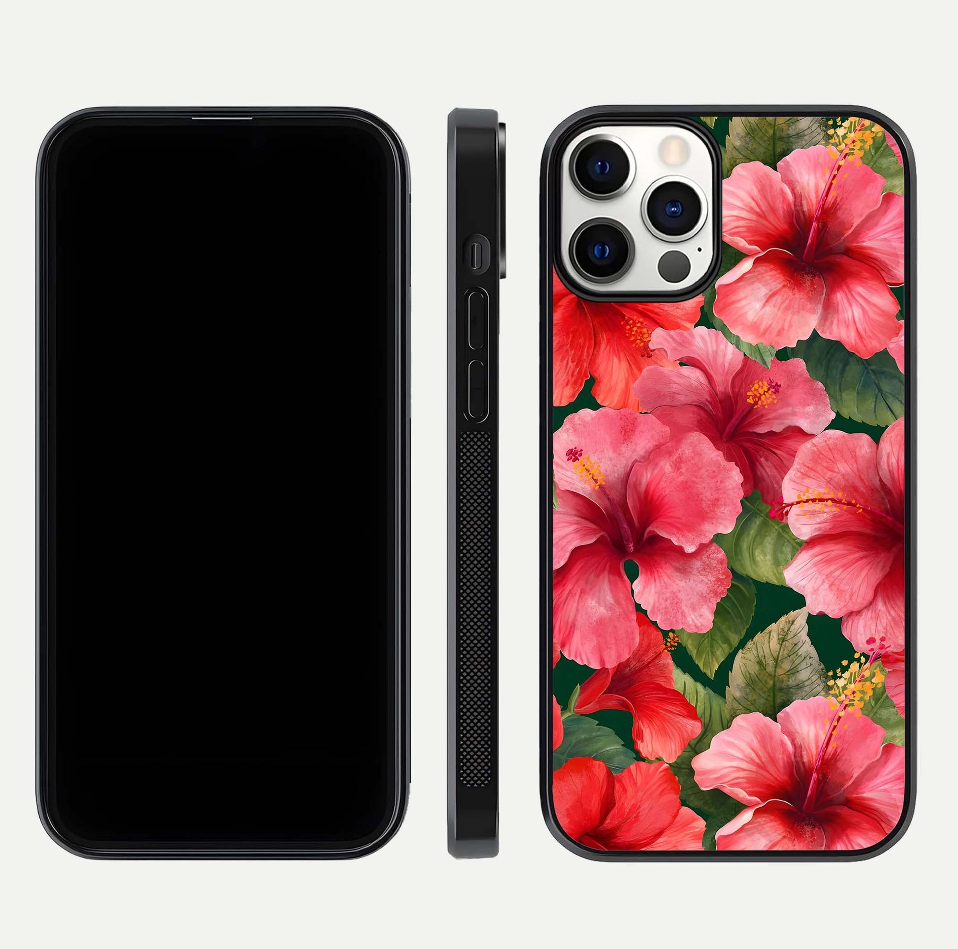 Hibiscus Pattern Glass Case for iPhone 12 Pro front and back view layout highlighting tropical design and curved glass edges