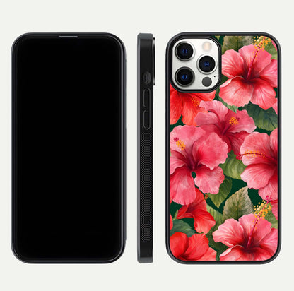 Hibiscus Pattern Glass Case for iPhone 12 Pro front and back view layout highlighting tropical design and curved glass edges