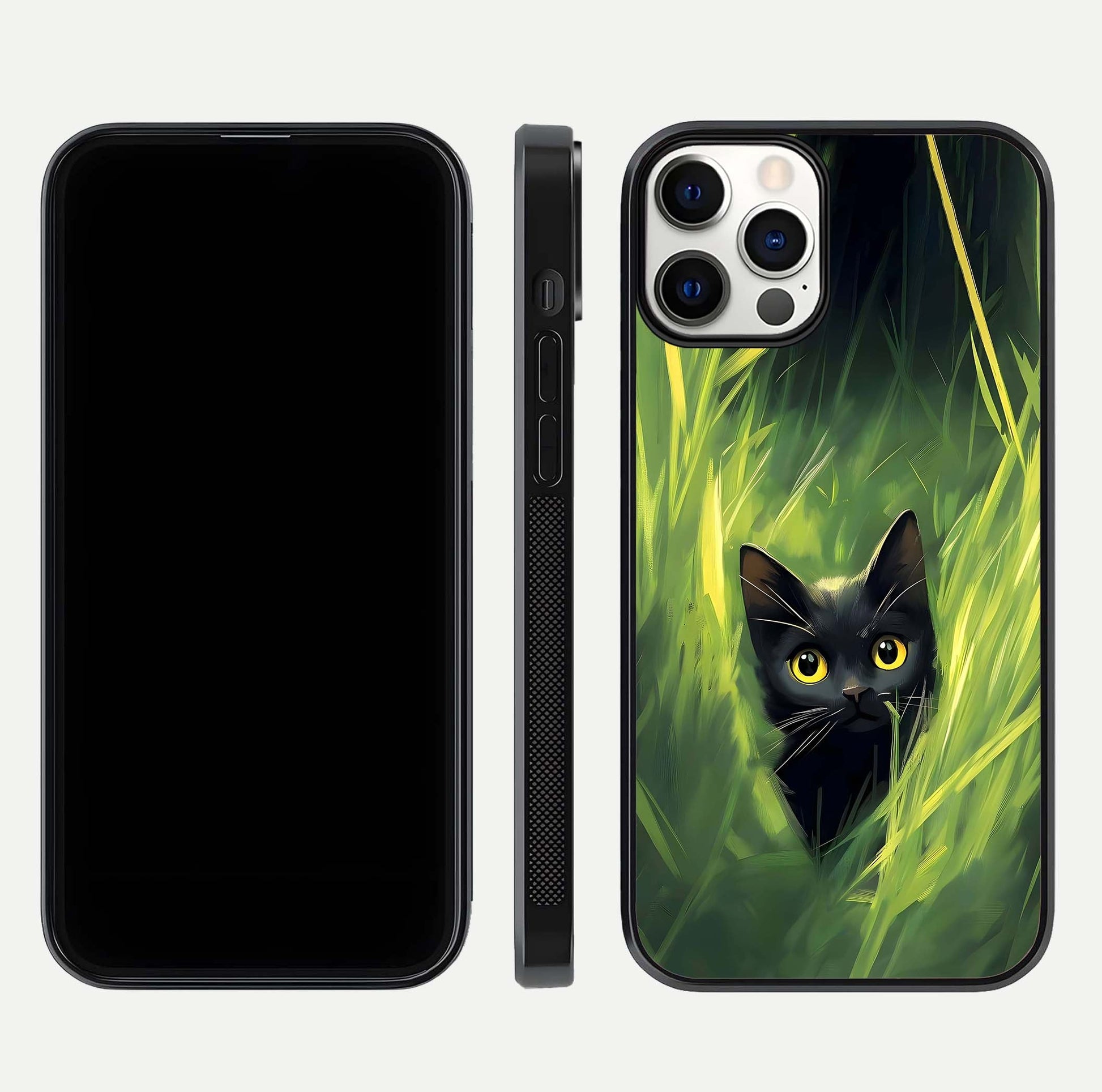 Hidden Cat Whisper Glass Case for iPhone 12 Pro front and back view layout highlighting minimalist art and curved edges