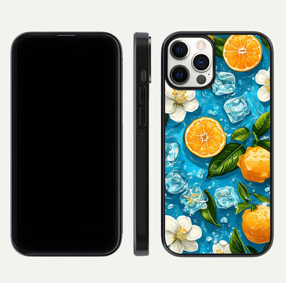 Ice Cube With Orange Glass Case for iPhone 12 Pro front and back view layout highlighting fresh orange tones and curved edges