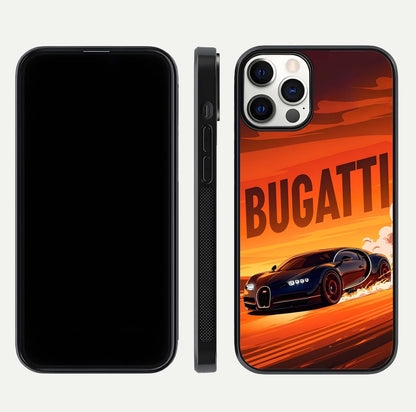Inferno Bugatti Storm Glass Case for iPhone 12 Pro front and back view layout highlighting car silhouette and curved glass edge