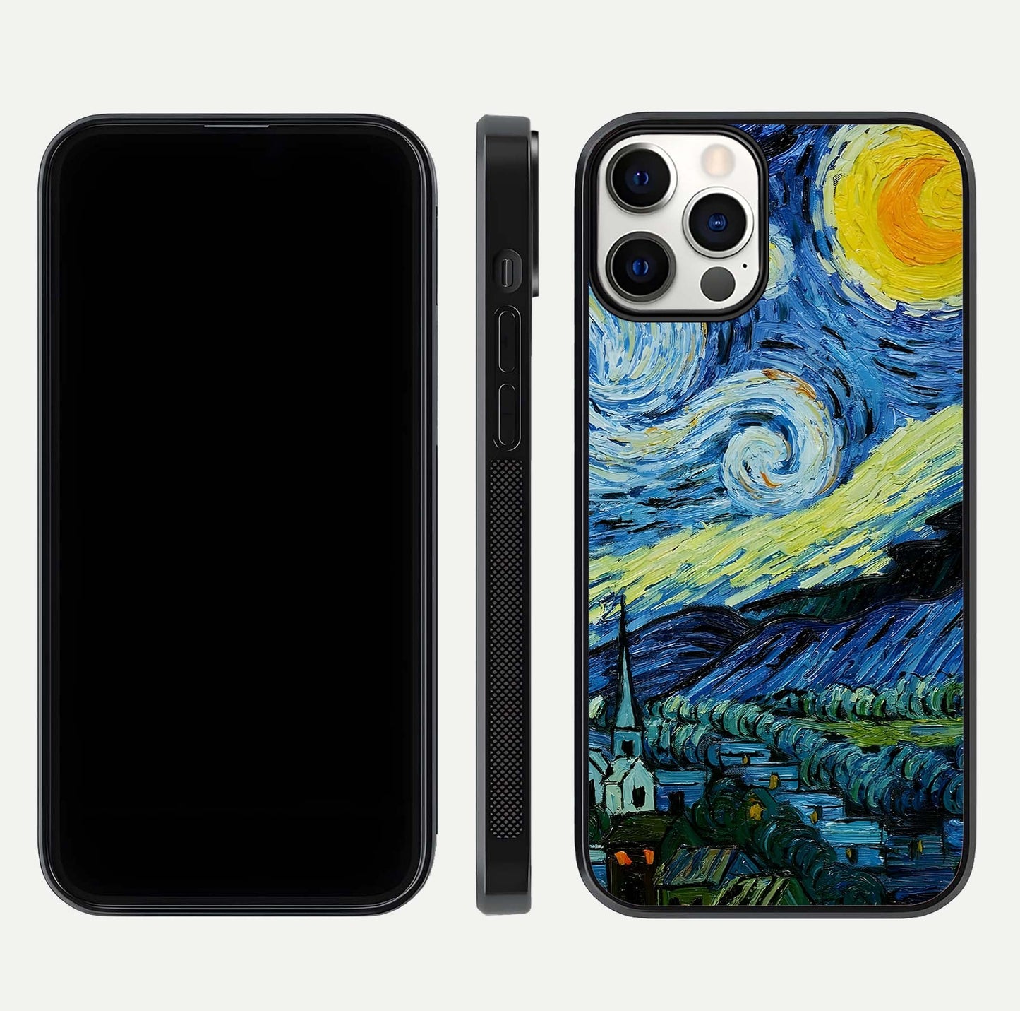 Inspired Van Gogh Art Glass Case for iPhone 12 Pro front and back view layout displaying vivid color tones and curved glass edges