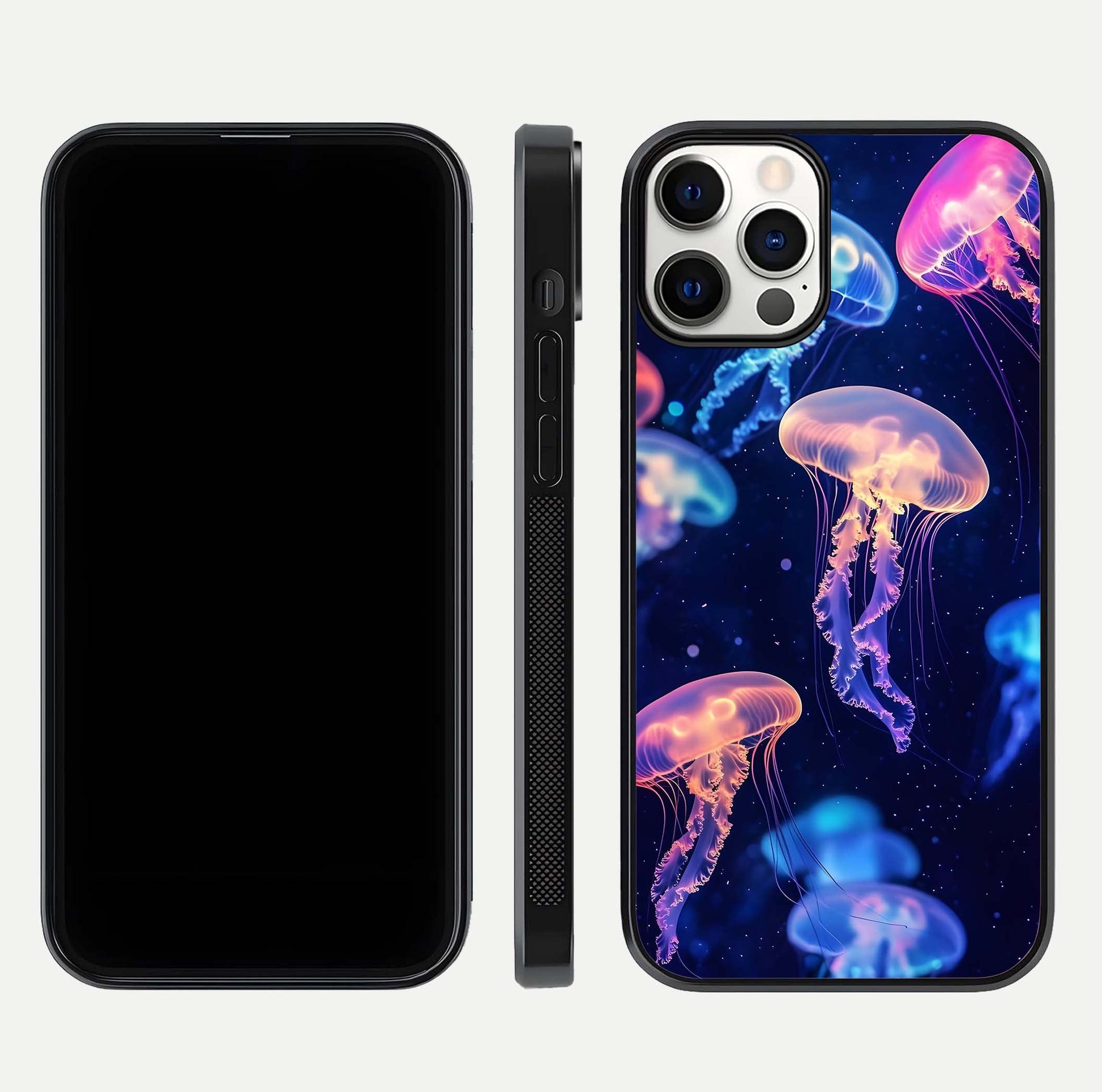Jellyfish Pattern Glass Case for iPhone 12 Pro front and back view layout highlighting aquatic tones and curved edges