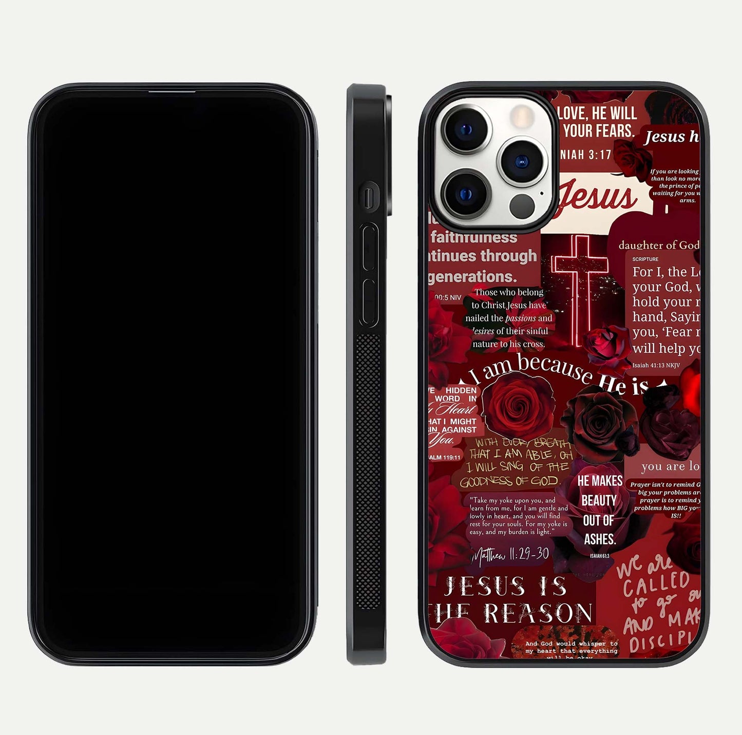 Jesus Love Heals Glass Case for iPhone 12 Pro front and back view layout with elegant typography and smooth edges