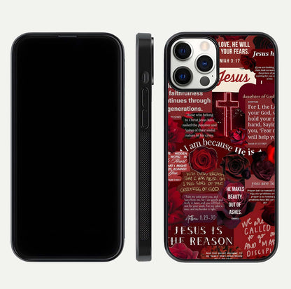 Jesus Love Heals Glass Case for iPhone 12 Pro front and back view layout with elegant typography and smooth edges