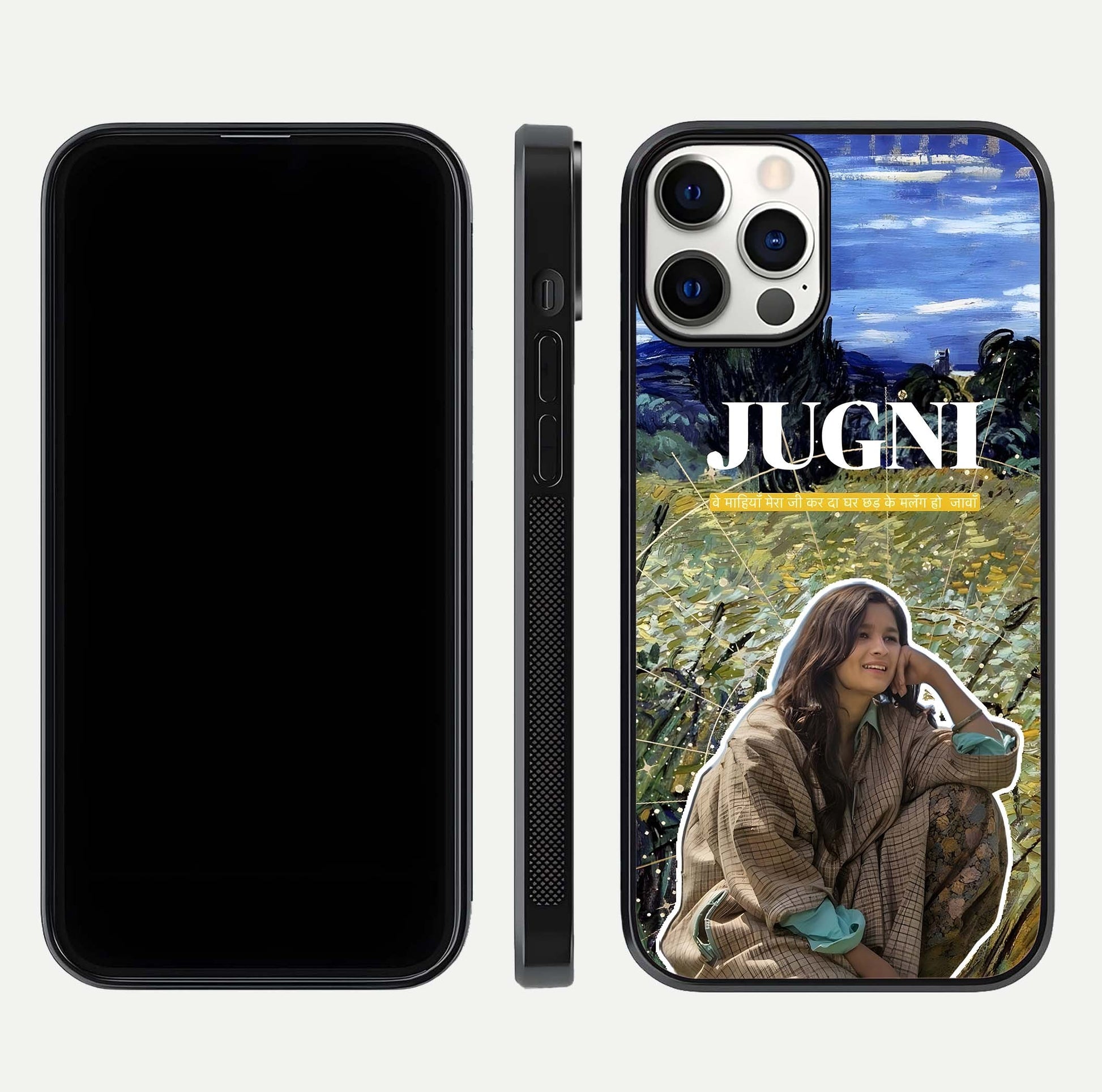 Jugni Soul Vibes Glass Case for iPhone 12 Pro front and back view layout highlighting desi art and curved glass edges