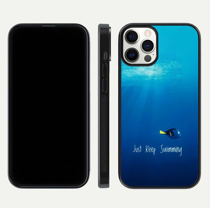 Just Keep Swimming Glass Case for iPhone 12 Pro front and back view layout with smooth glass edges and HD text clarity