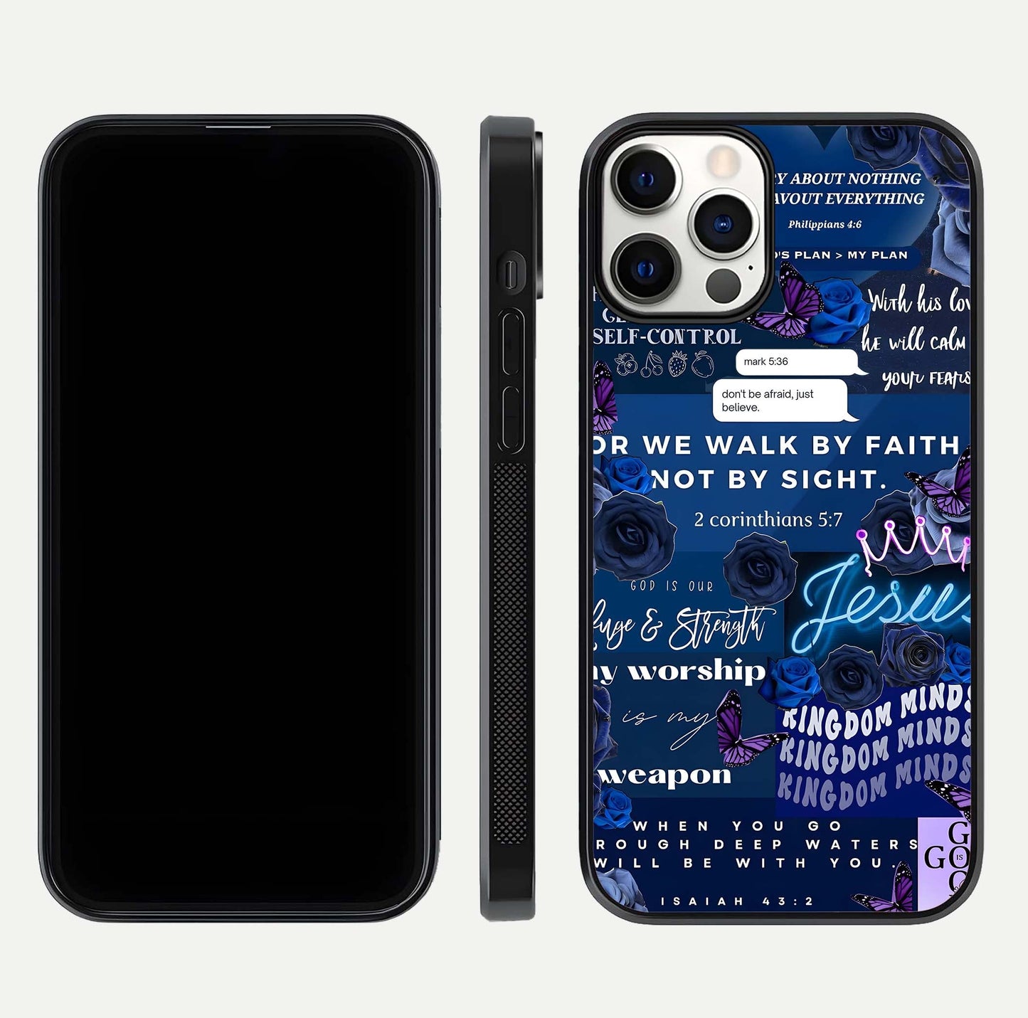 Kingdom Faith Glow Glass Case for iPhone 12 Pro front and back view layout highlighting radiant spiritual design