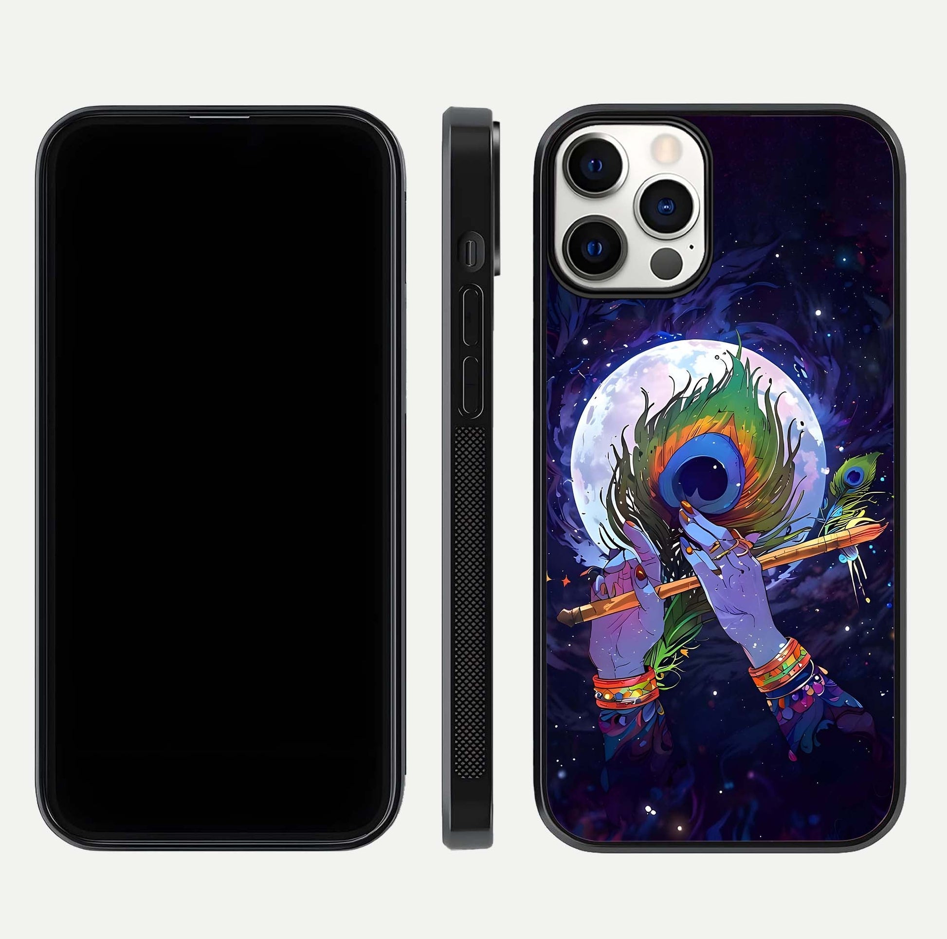 Krishna Hands Art Glass Case for iPhone 12 Pro front and back view layout displaying soft edges and spiritual tones