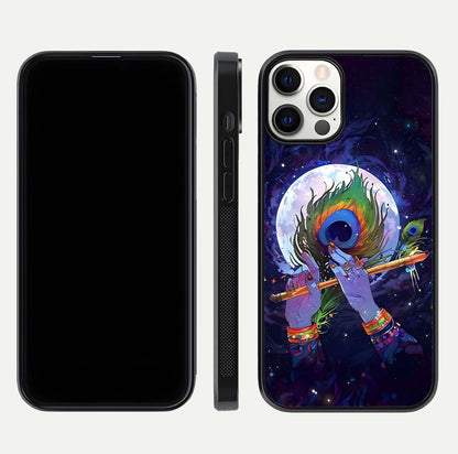 Krishna Hands Art Glass Case for iPhone 12 Pro front and back view layout displaying soft edges and spiritual tones