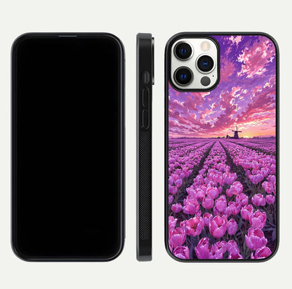 Lavender Dream Skies Glass Case for iPhone 12 Pro front and back view layout highlighting dreamy sky gradient