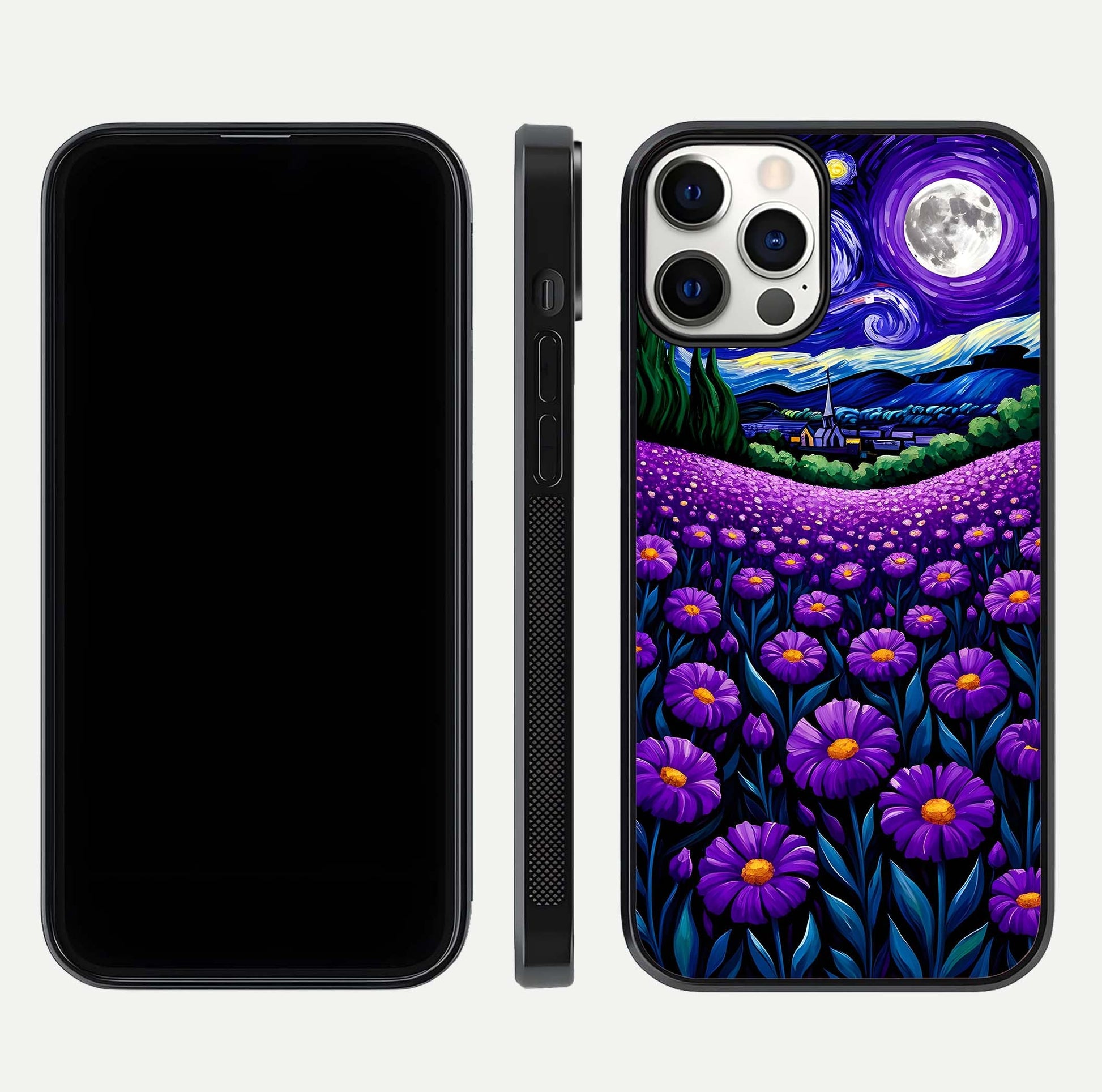 Lavender Moon Field Glass Case for iPhone 12 Pro front and back view layout with soft gradient and curved edges