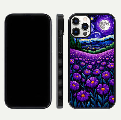 Lavender Moon Field Glass Case for iPhone 12 Pro front and back view layout with soft gradient and curved edges