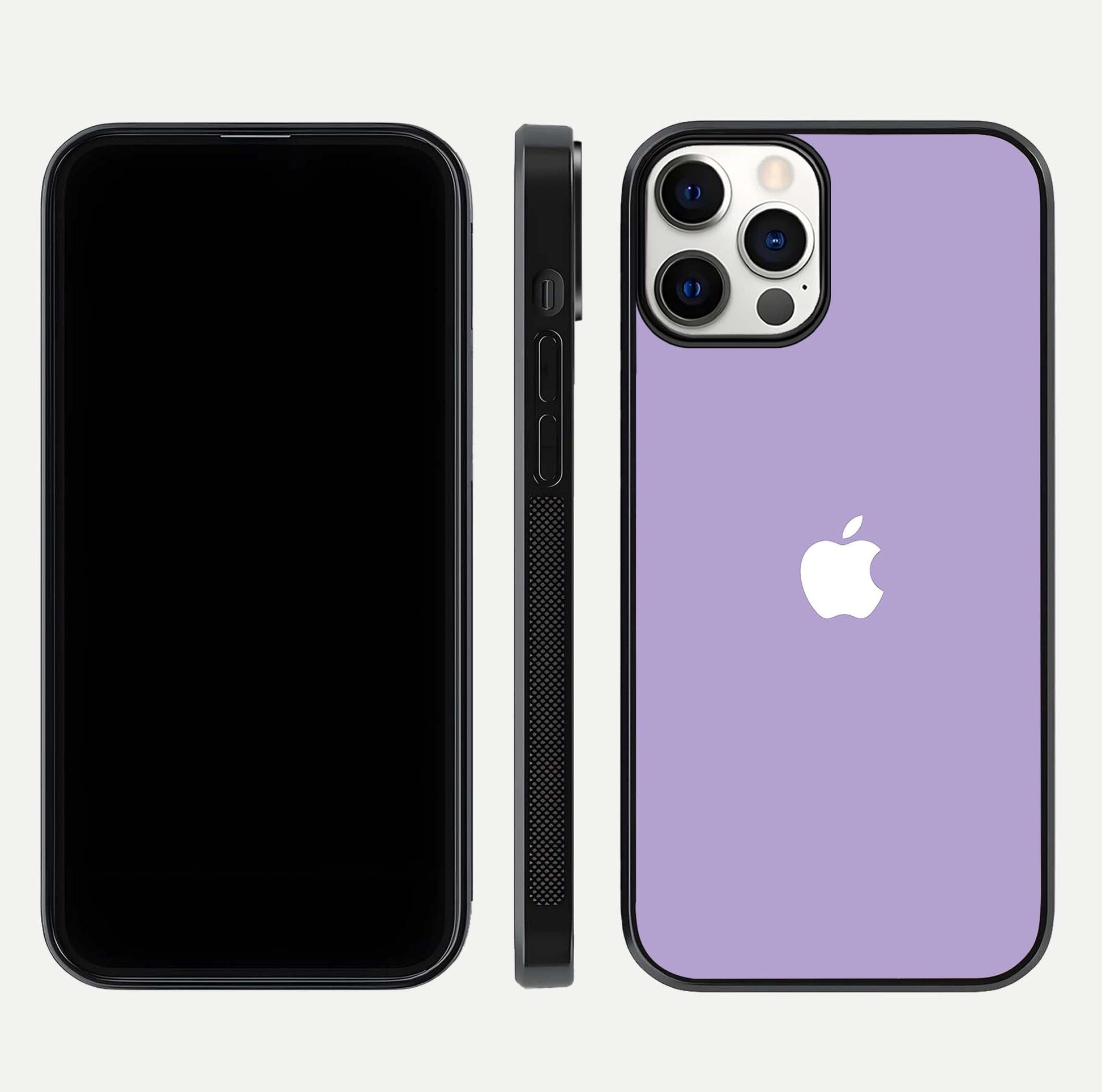 Lavender Soft Minimal Glass Case for iPhone 12 Mini front and back view layout highlighting soft hue and curved edges