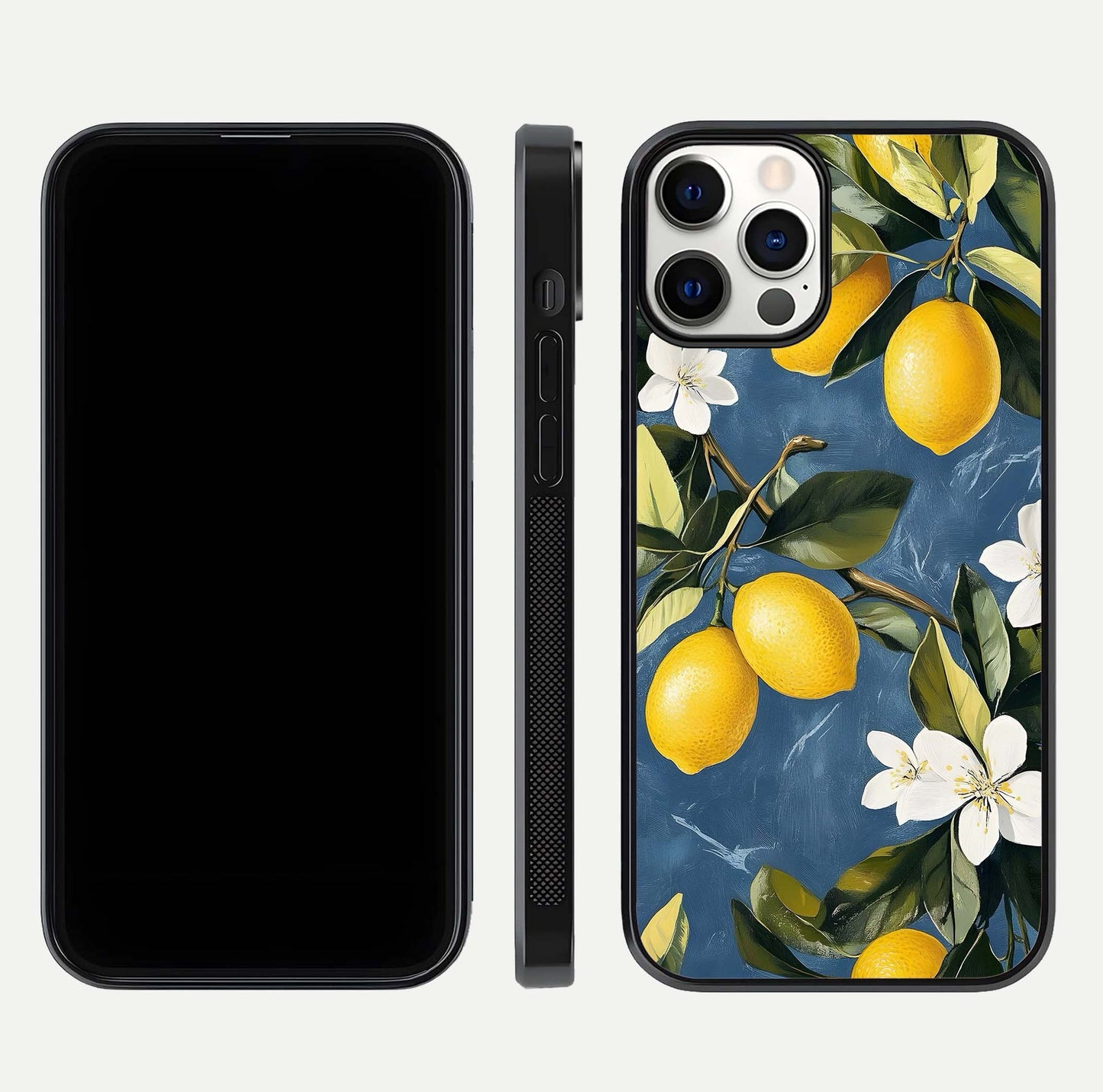 Lemon Dream Garden Glass Case for iPhone 12 Pro front and back view layout highlighting garden tones and edges